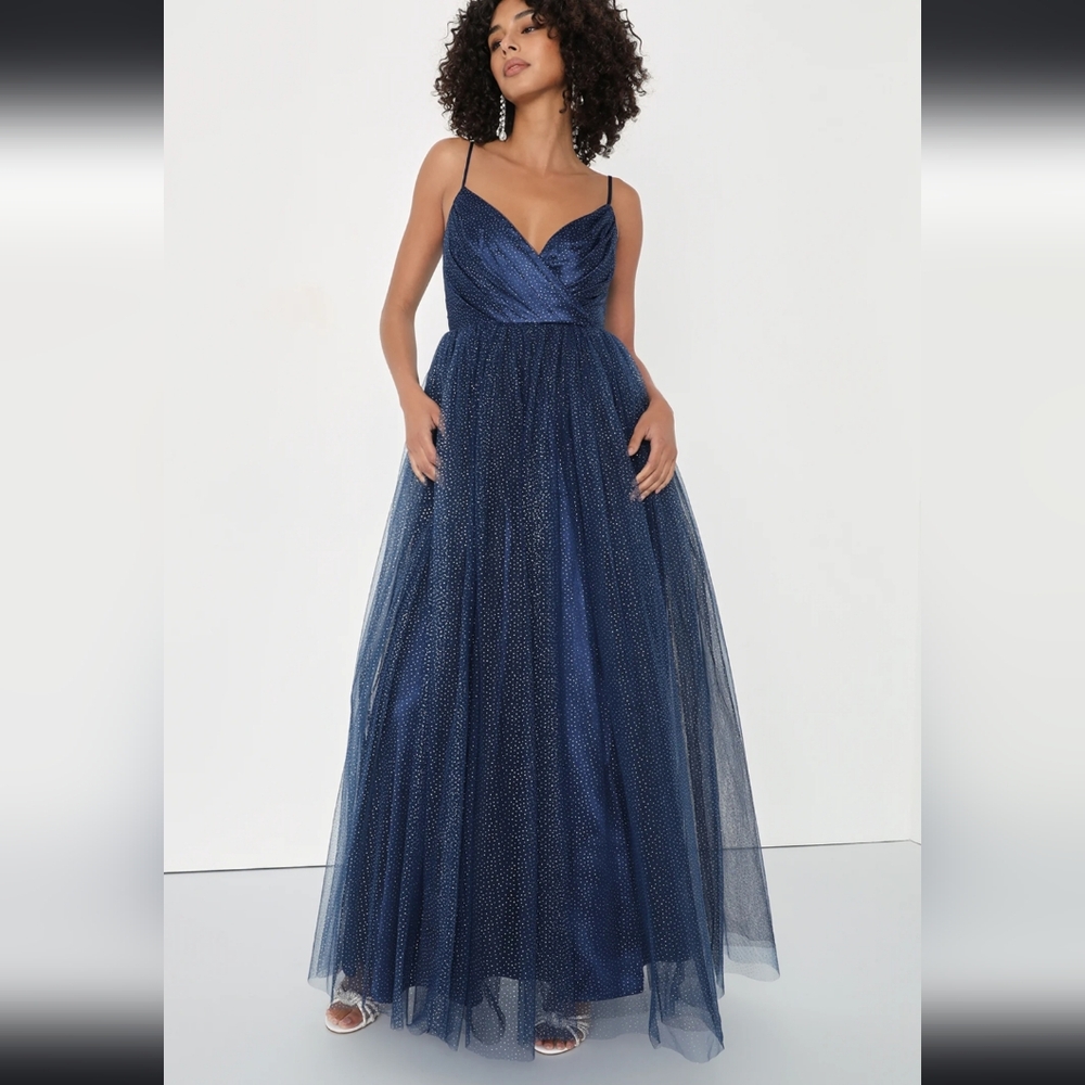 NWT Spellbinding Beauty Navy Glitter Sleeveless Tulle Gown XL Lulus Formal